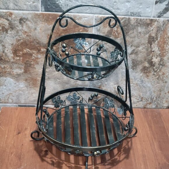 Two Tier Metal Fruit Basket Kitchen Storage Organizer 21" High Vines and Leaves - Picture 3 of 12